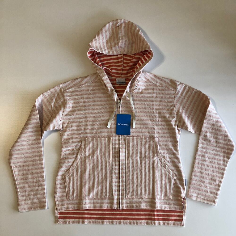 New Womens Columbia Melody Spring Orange Striped Hoodie LS Jacket Sz M